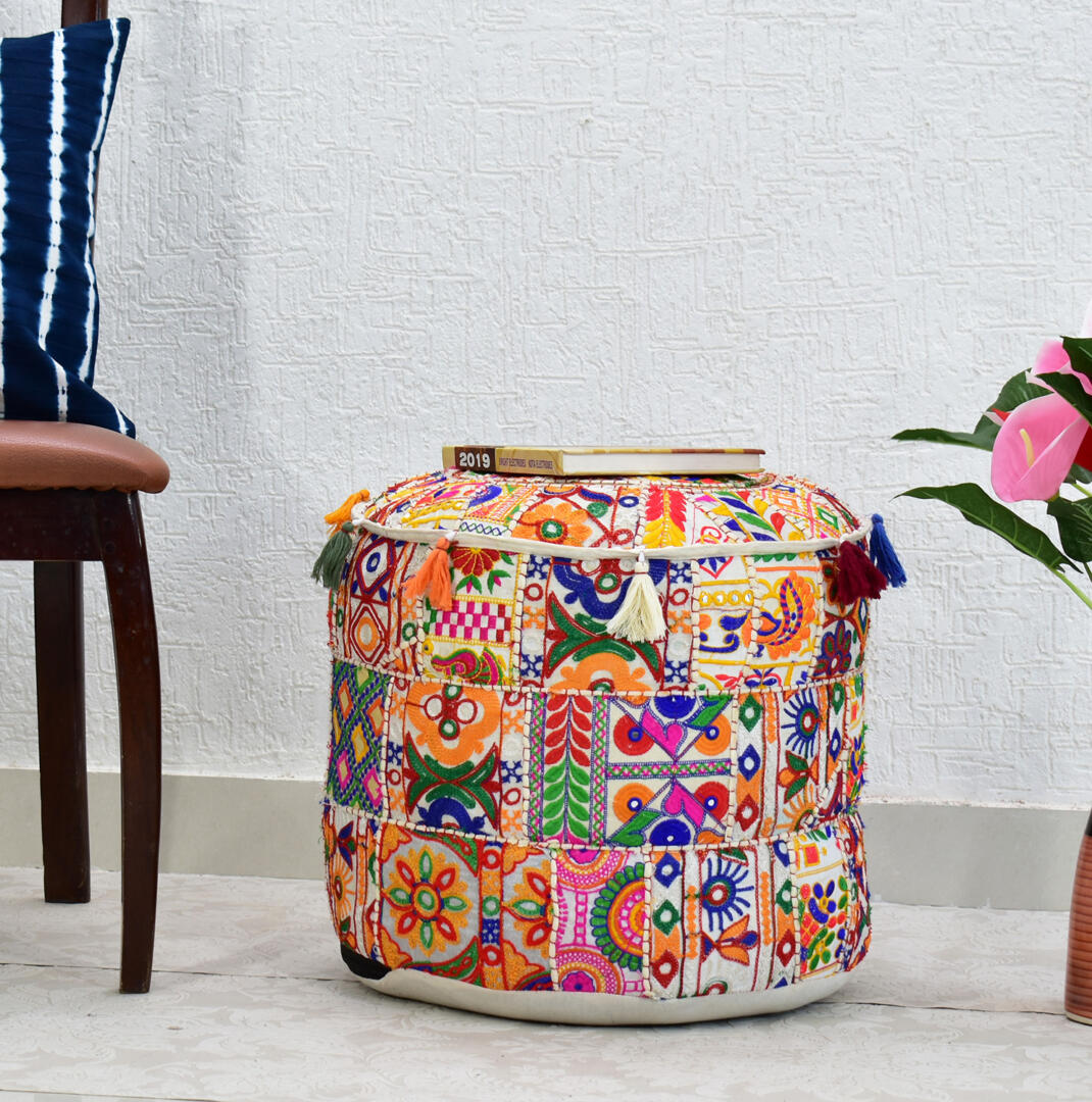 Gwen Pouffe/Ottoman Gujrati Rajmodi Patchwork - White - Image 2